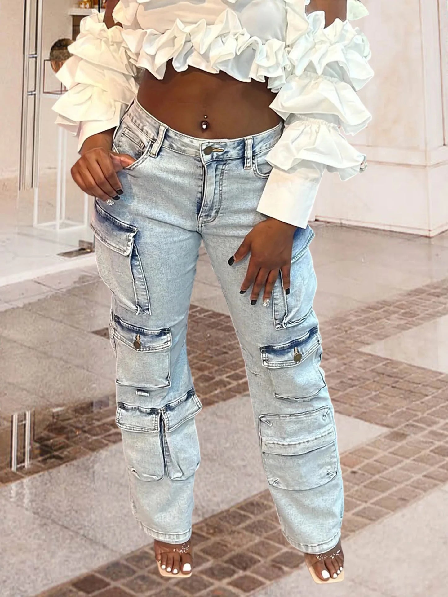 Ladies Classic Straight Leg Cargo Jeans with Mid Rise and Solid Color Denim - Stylish Casual Trousers for Everyday Wear