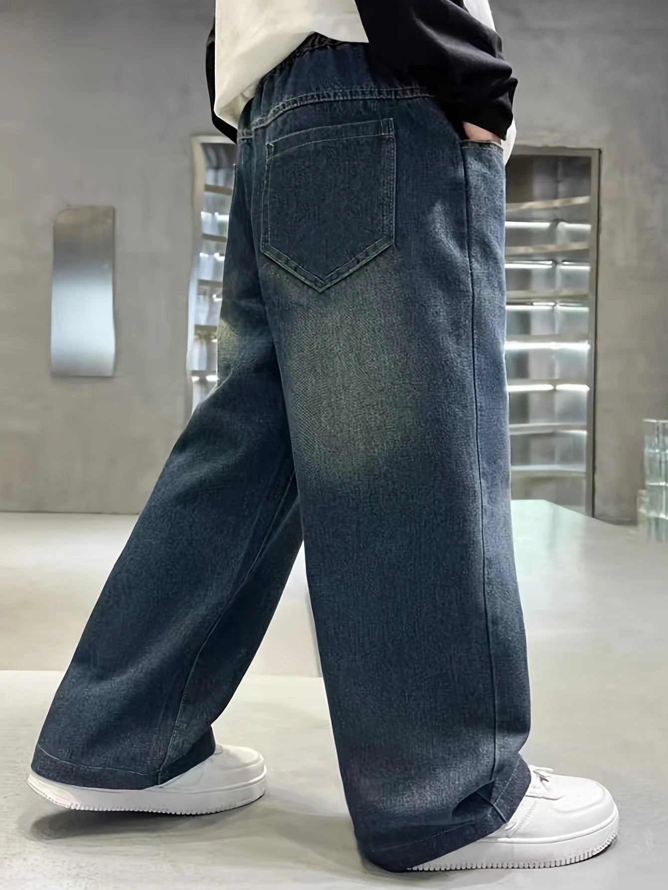 Vintage-washed gradient wide-leg straight-leg relaxed-fit preppy-style long denim jeans for teenage