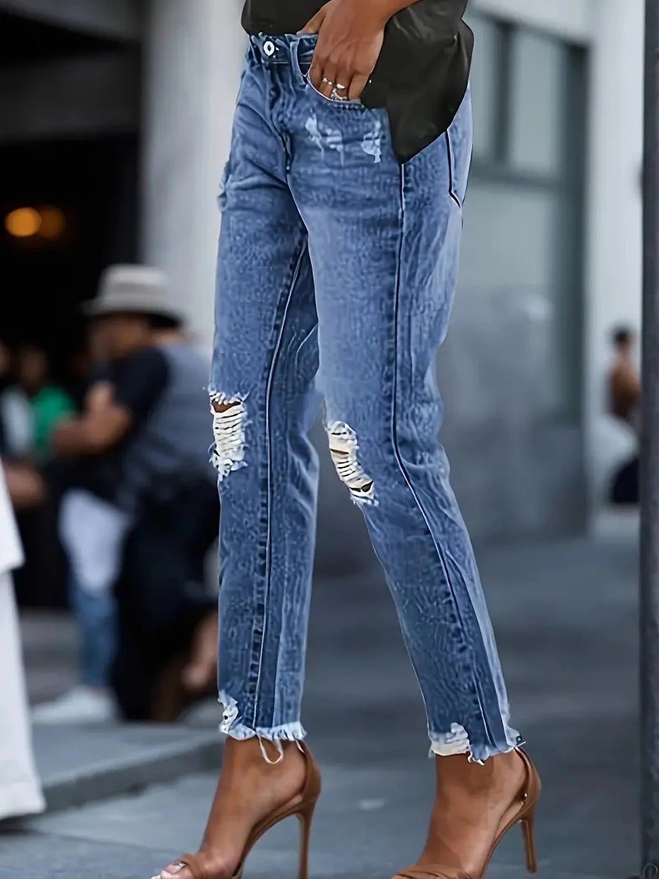 2025 Summer New Women's Retro Piercing Elastic Jeans, Five Pocket Design, Comfortable Version, Suitable for Daily Wearing