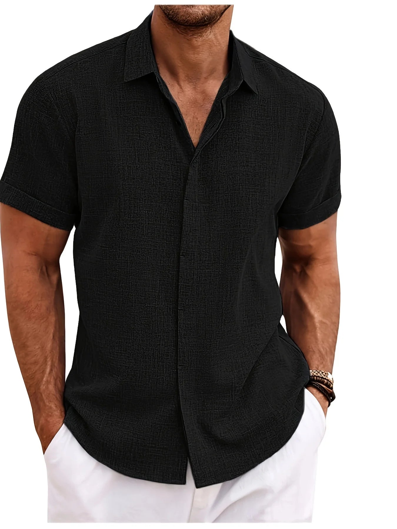 Men's Double Front Hemp Cardigan Short Sleeve High Quality Shirt Summer Home Short Sleeve Lapel Shirt