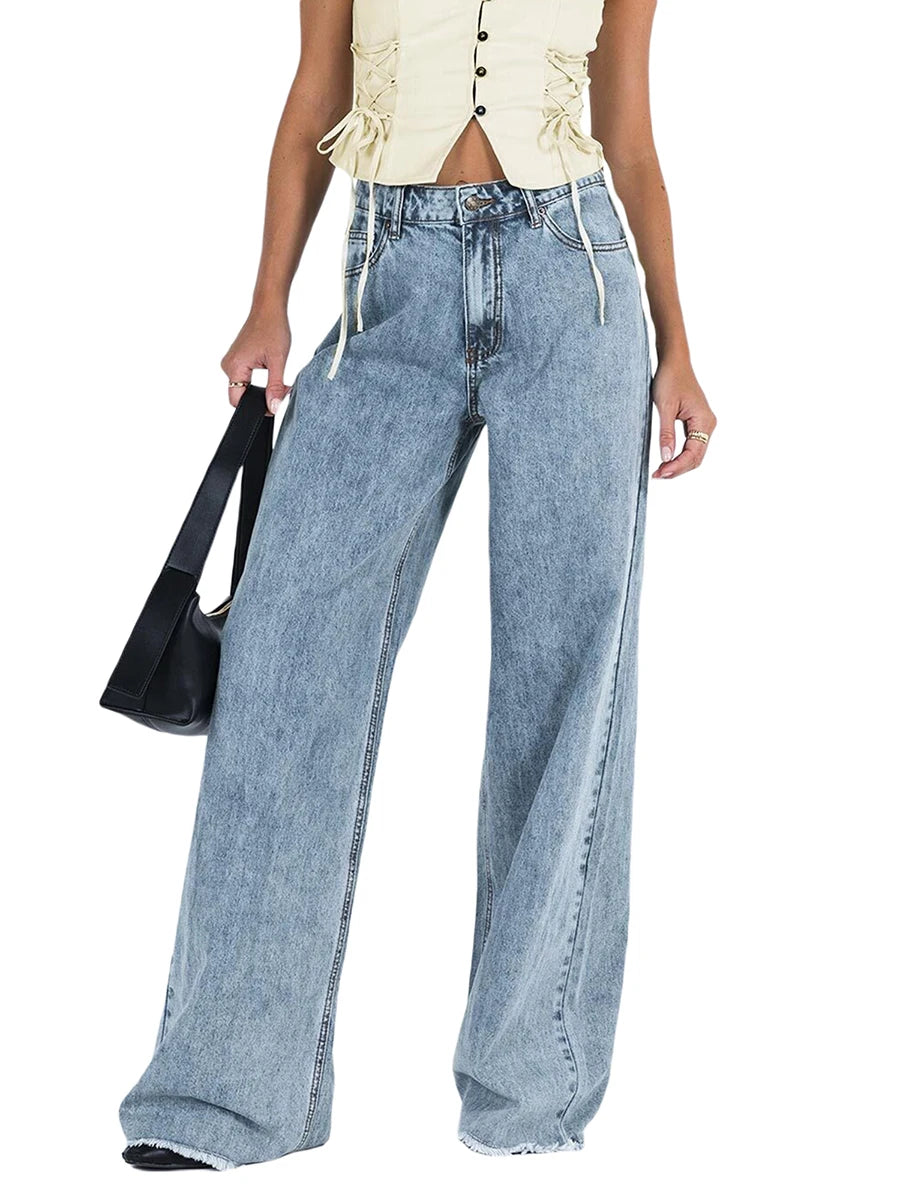Women Wide Leg Jeans Trousers Solid Color Elastic Casual Loose Pants for Work Office Streetwear