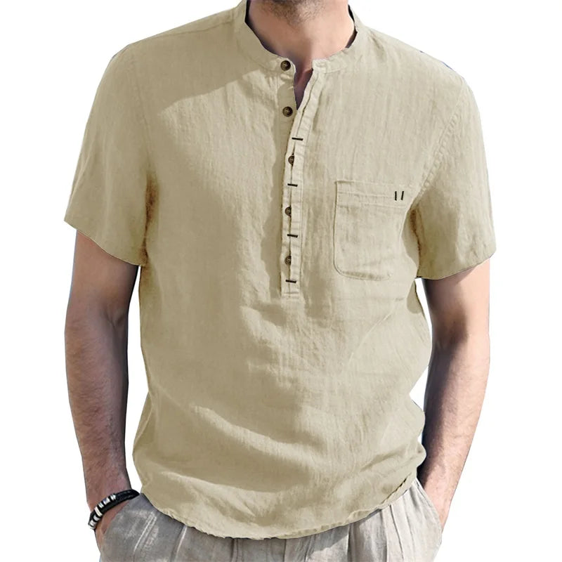 Men s Casual  Fit Short Sleeve Linen Henley Shirt Lightweight Breathable Solid Color Summer Tee Top with Round Neck