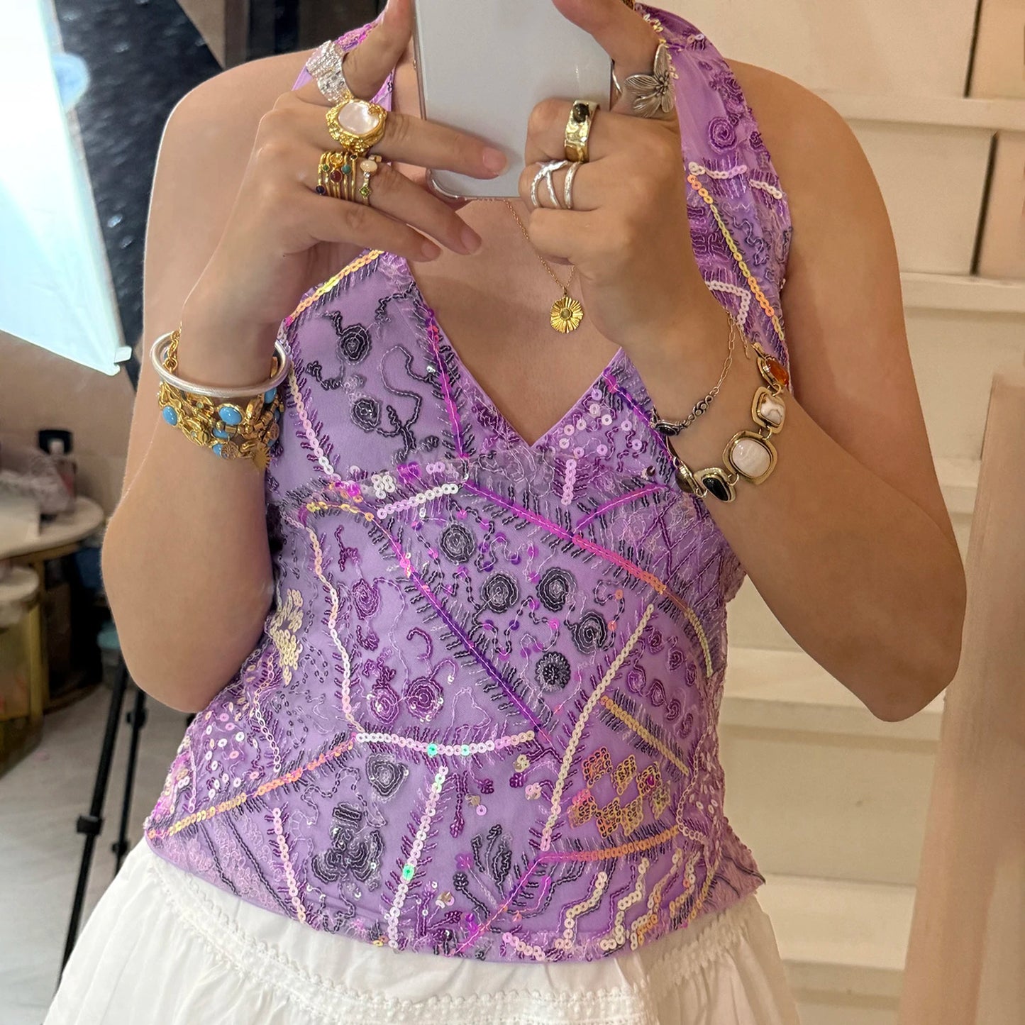 Elegant Sequined Halter Neck Top with V-Neck and Sleeveless Design Perfect for Summer Parties and Events Flattering  Fit