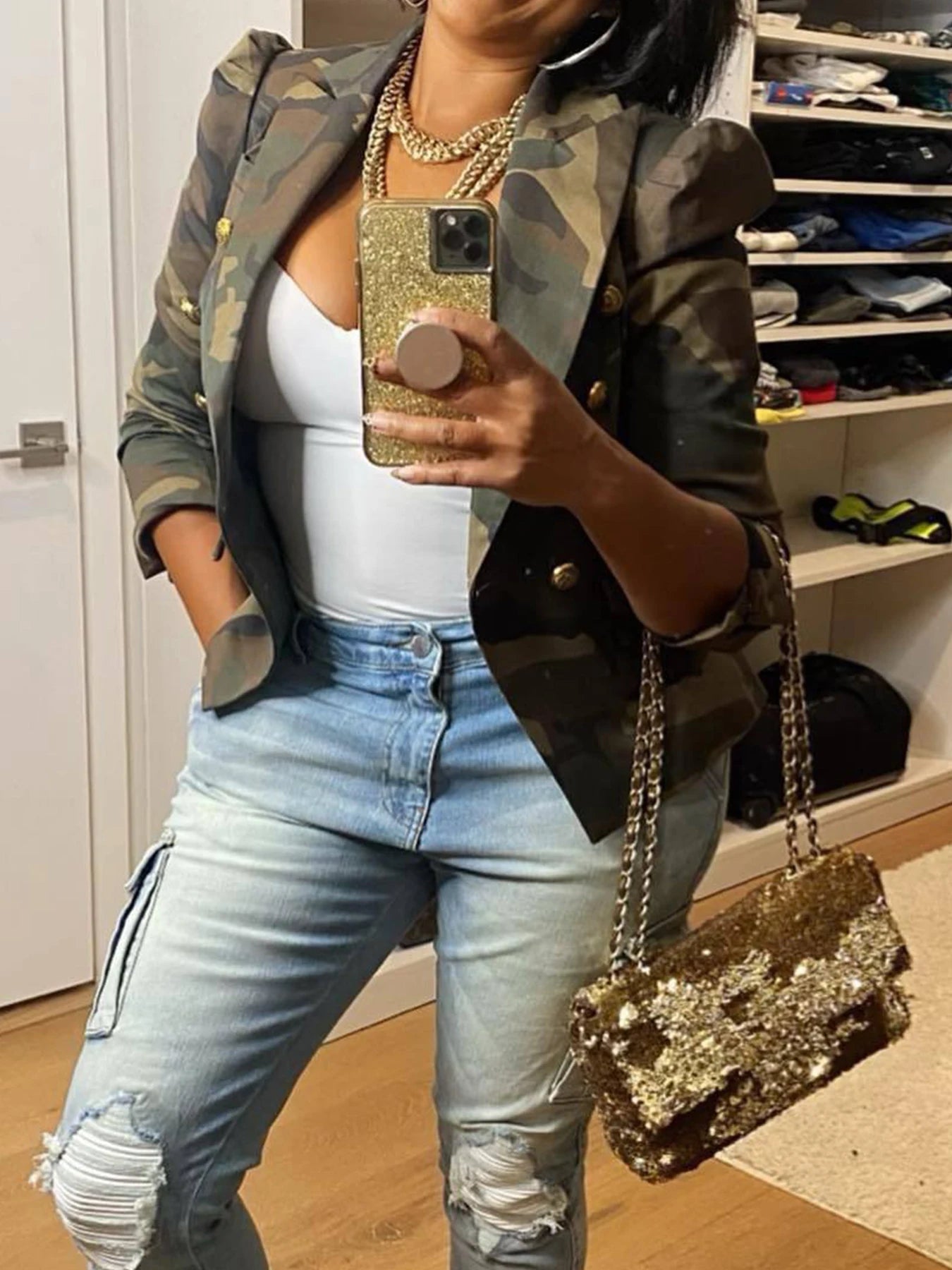 Camouflage Printed Double Breasted Jacket, Casual Long Sleeved Lapel Open Top, Suitable for Spring and Autumn, Women's Clothing