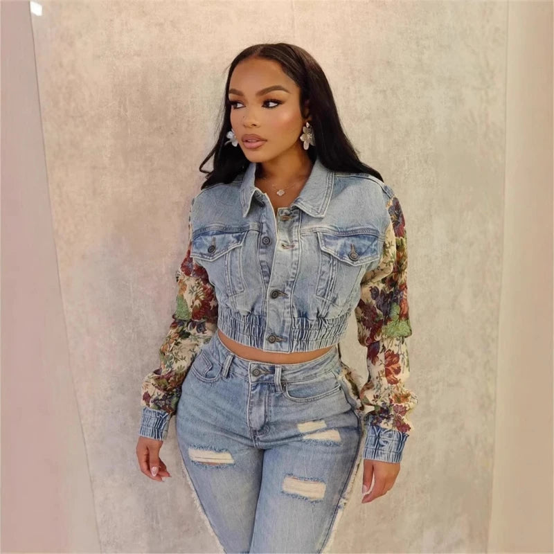 New autumn and winter fashion print color matching denim jeans