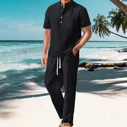 Men s Casual 2 Piece Outfit Short Sleeve Henley Tops with Drawstring Pants Loose Solid Color Set for a Stylish Look
