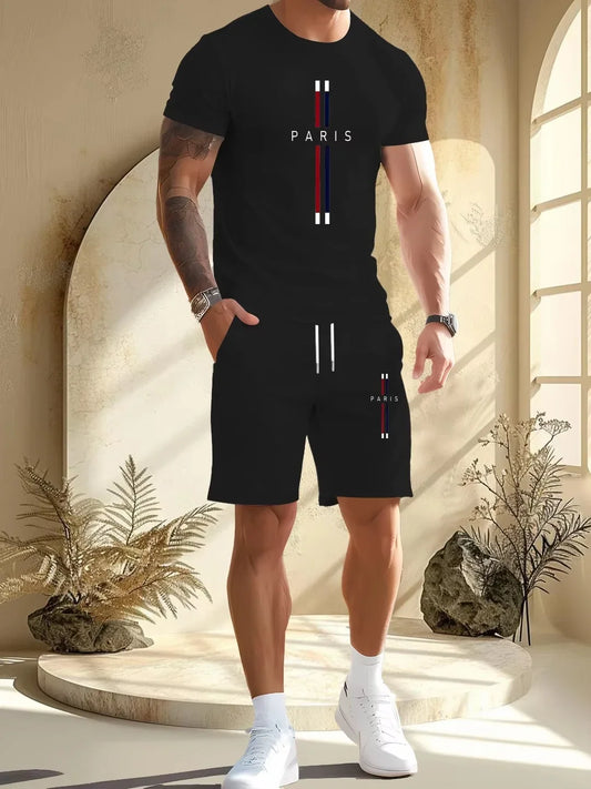 New Men's Sports Suit Polyester  Drying  Printing Gradual Change Sleeve Elastic Waist Casual Style