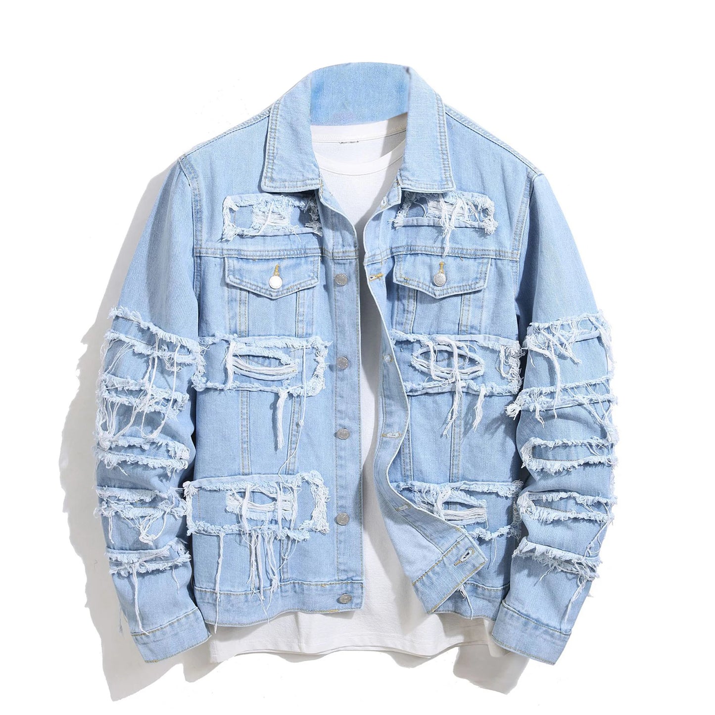 Men's Gothic punk Distressed Trucker Casual Denim Jacket Outerwear Loose Fit Stretch Cowboy Long sleeves Coat