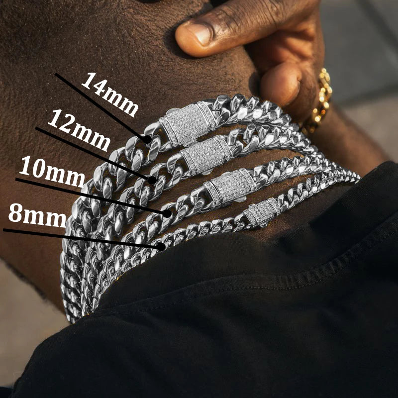 6-14mm Stainless Steel Round Cuban Miami Chains Necklaces CZ Zircon Box Lock  Heavy Link Chain for Men Hip Hop Rapper jewelry