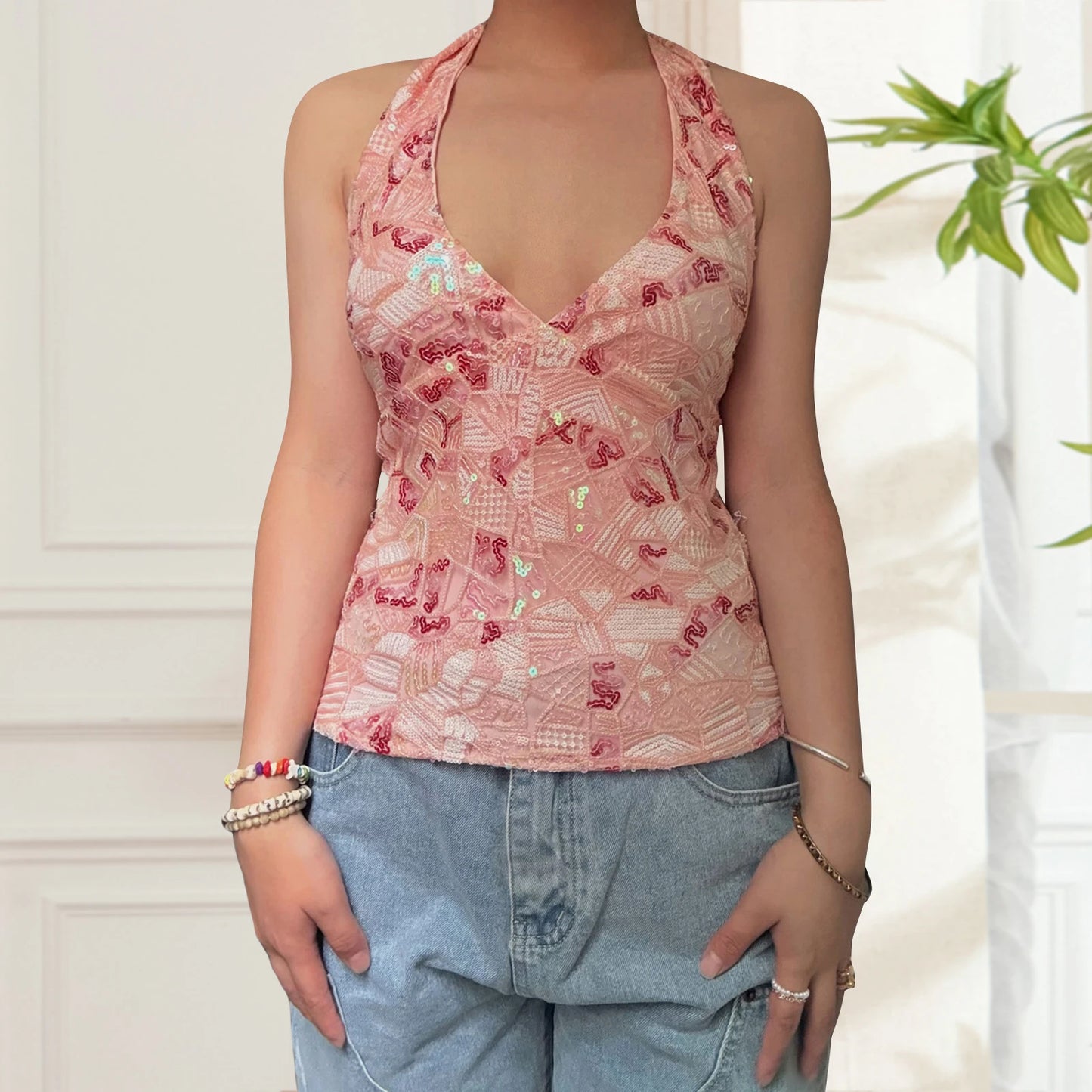 Elegant Sequined Halter Neck Top with V-Neck and Sleeveless Design Perfect for Summer Parties and Events Flattering  Fit