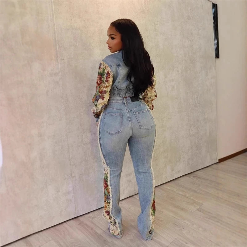 New autumn and winter fashion print color matching denim jeans