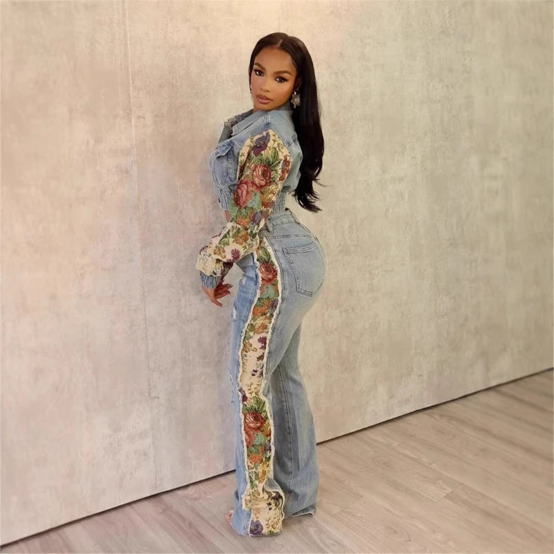 New autumn and winter fashion print color matching denim jeans