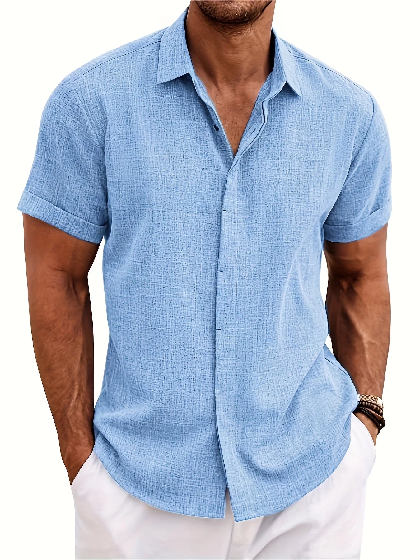 Men's Double Front Hemp Cardigan Short Sleeve High Quality Shirt Summer Home Short Sleeve Lapel Shirt