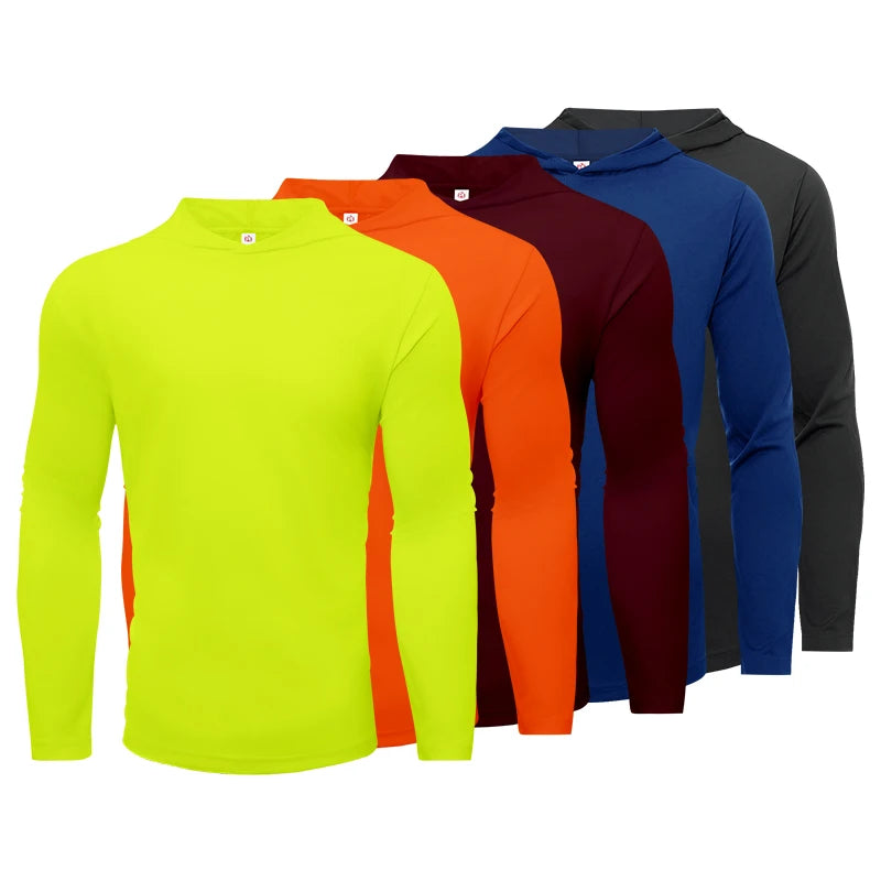 Men's five piece sports long sleeved T-shirt, hooded solid color breathable sports shirt, suitable for running and fitness