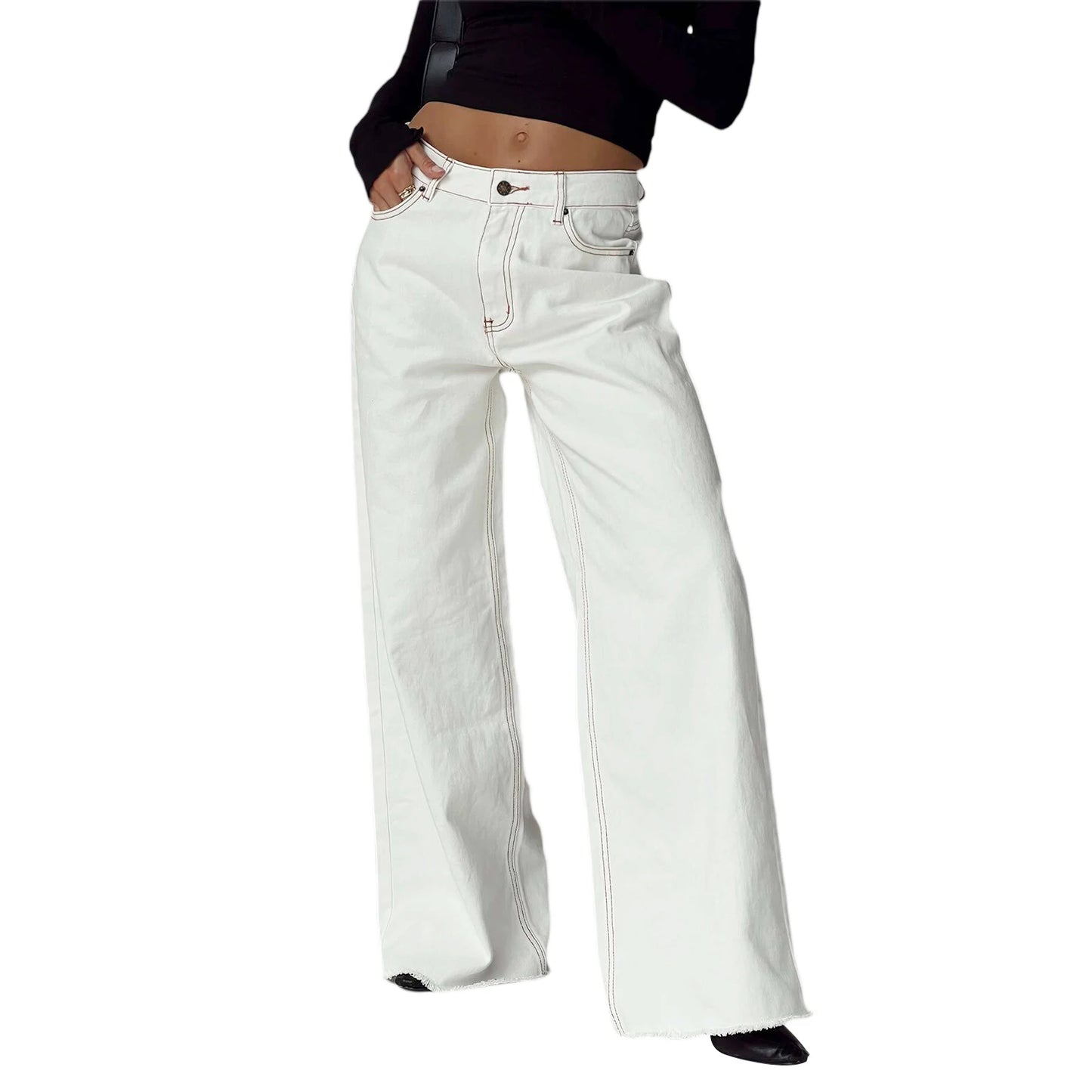 Women Wide Leg Jeans Trousers Solid Color Elastic Casual Loose Pants for Work Office Streetwear