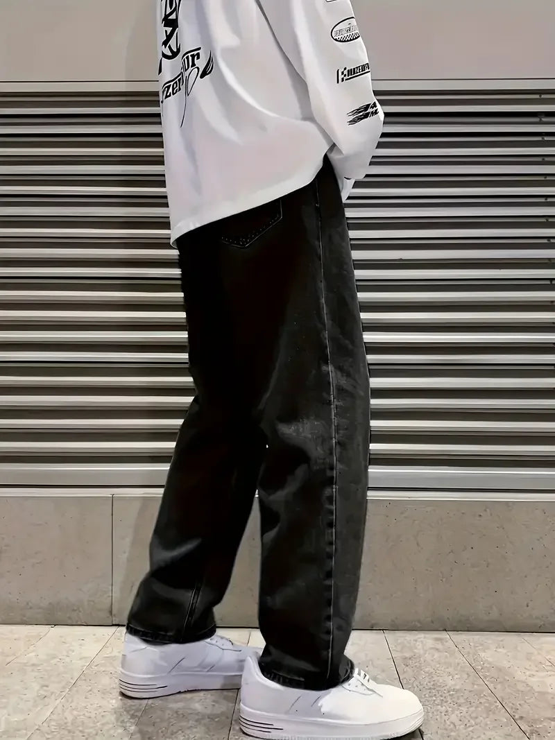 Men's Loose Fit Straight Leg Jeans - 65% Cotton 35% Polyester Blend, Dark Gray Casual Washed Jeans, 390gsm Heavyweight Fabric, A