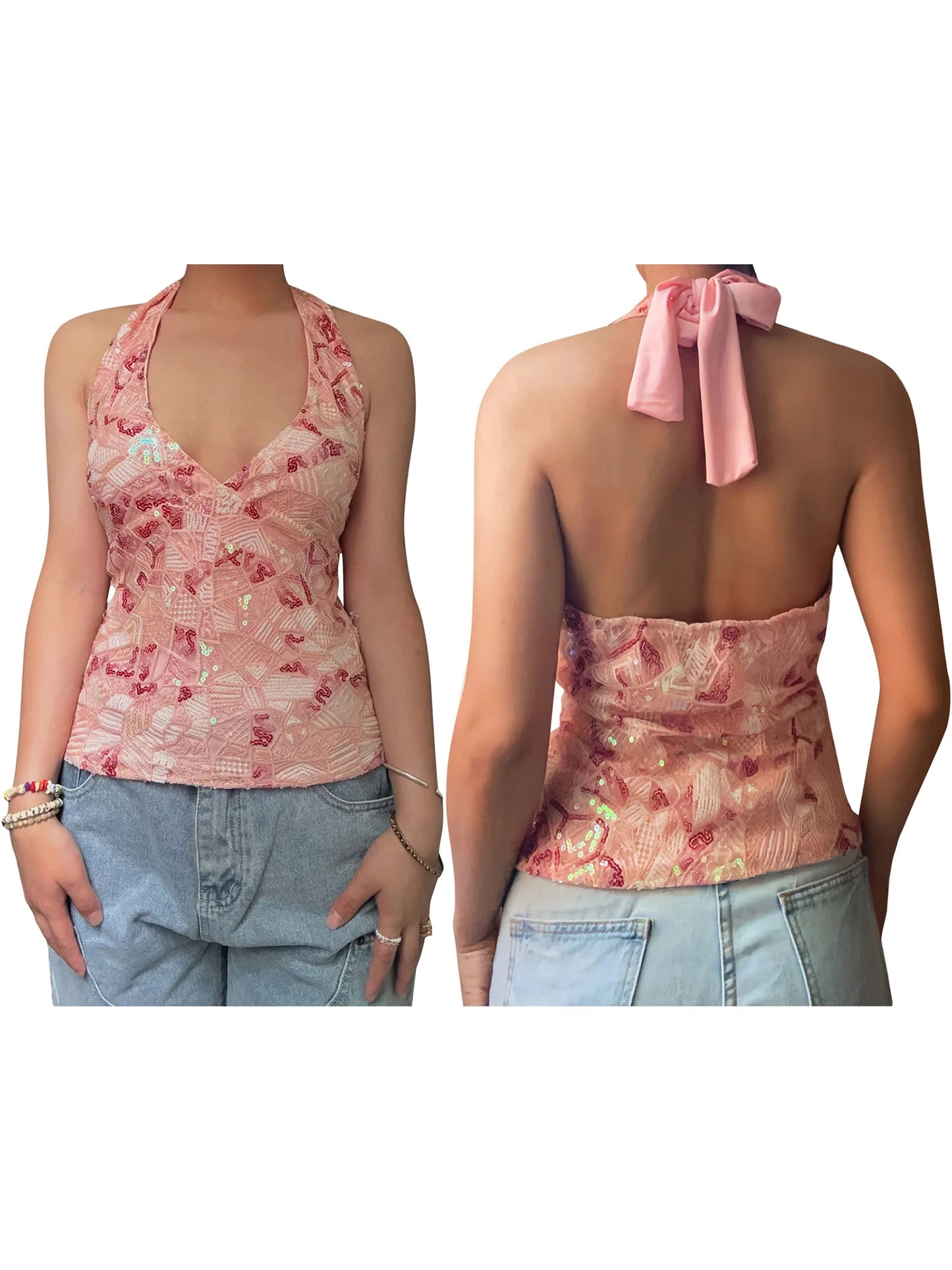 Elegant Sequined Halter Neck Top with V-Neck and Sleeveless Design Perfect for Summer Parties and Events Flattering  Fit