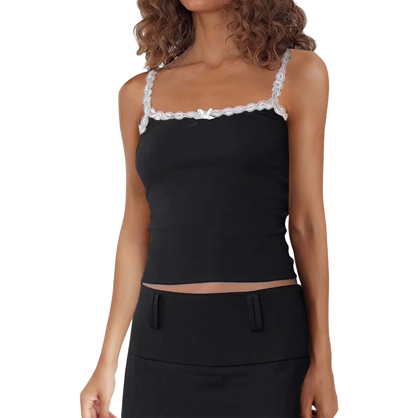 Women Summer Crop Camisole Casual Lace Trim Spaghetti Strap Tank Tops Sleeveless T-Shirt for Streetwear Clubwear