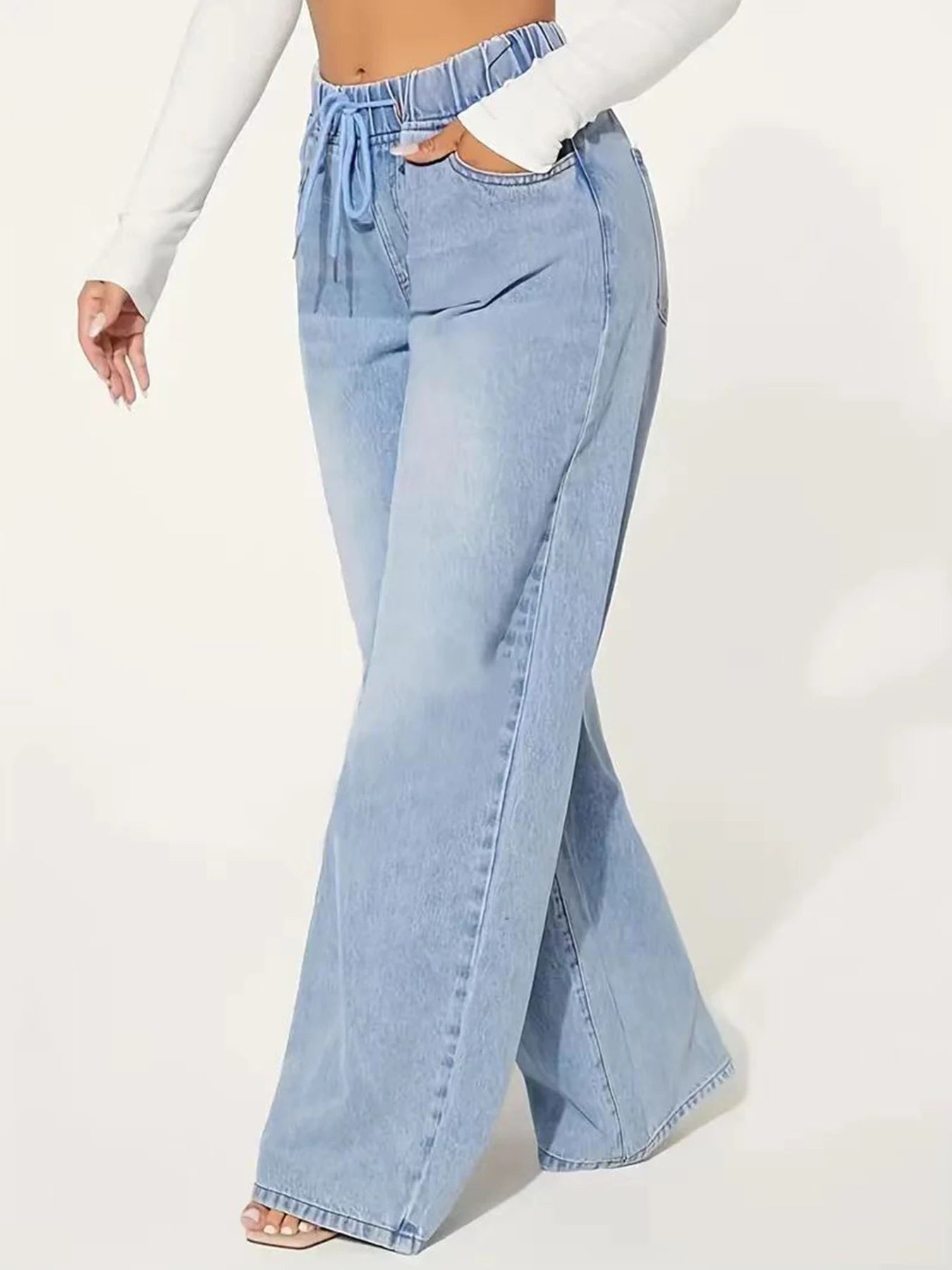 New Women's Fashionable Casual Straight Leg Jeans with Drawstring Washed Denim, Versatile Jeans for Daily Use