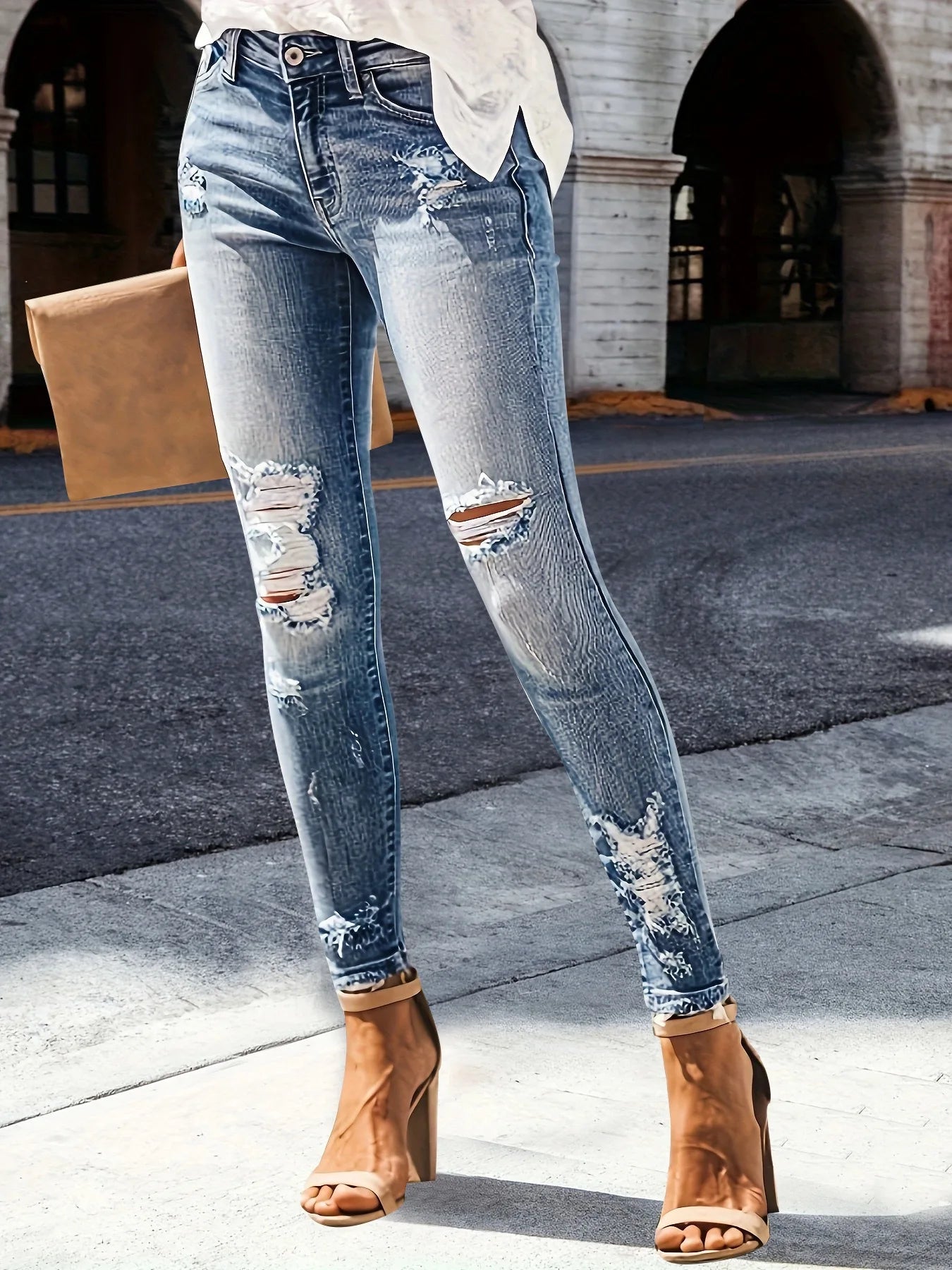 Women's High Waisted Ripped Tight Jeans - Casual Stretch Denim, Distressed Washed Blue, Slanted Pockets, Machine Washable, Suita