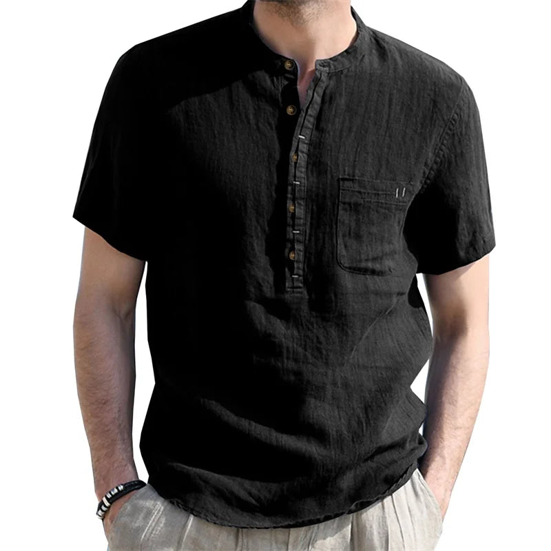 Men s Casual  Fit Short Sleeve Linen Henley Shirt Lightweight Breathable Solid Color Summer Tee Top with Round Neck