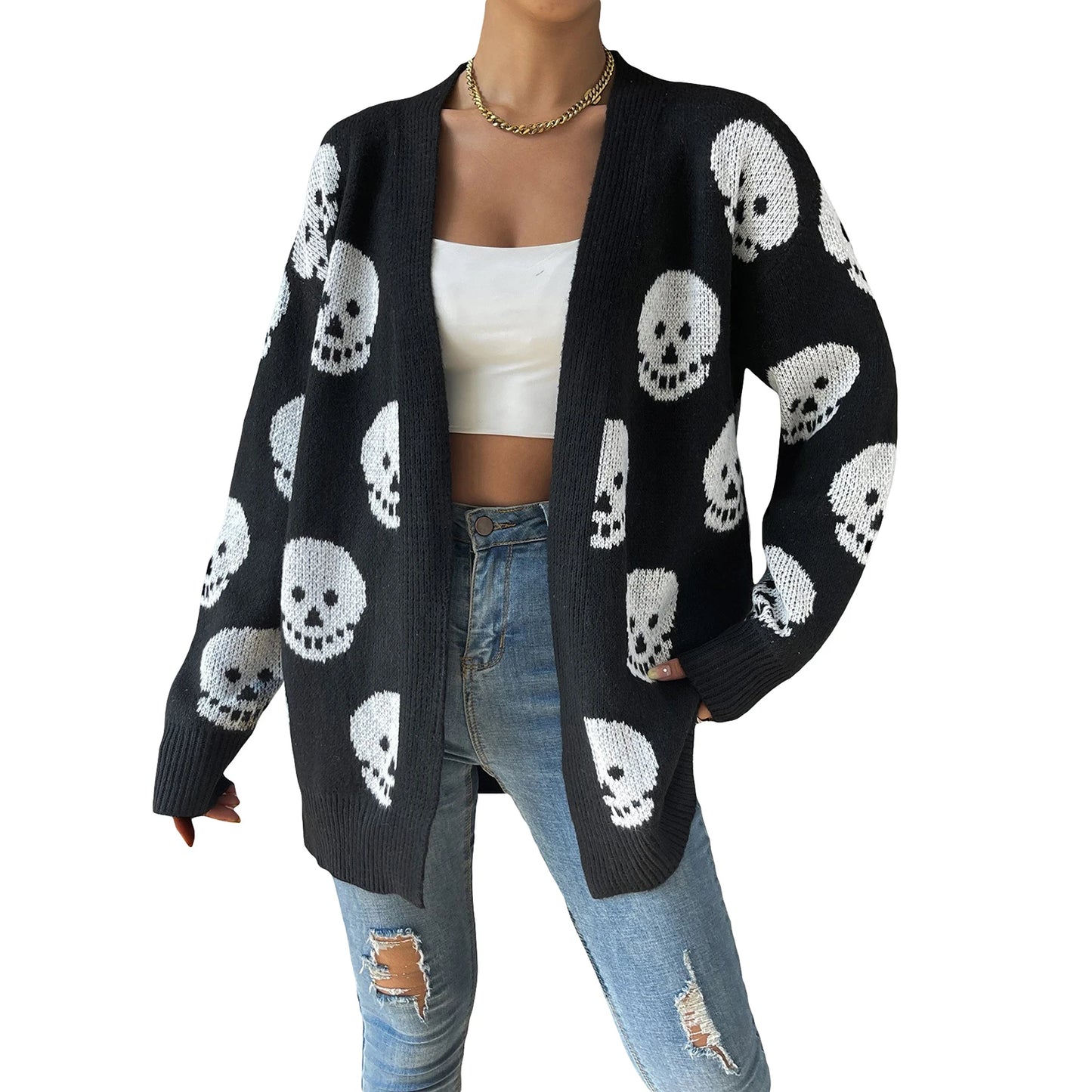 Women s Halloween Casual Knit Cardigan Long Sleeve Open Front Skull Print Knitwear Sweater