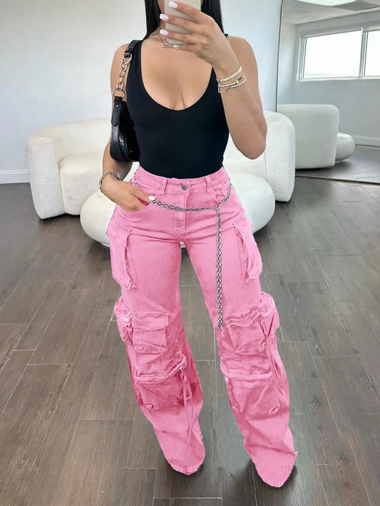 2025 Summer Women's Pink Cargo JeansHigh-Rise Pear-Shaped Wide-Leg Pants with Pockets Street Style Casual Sportswear Outdoor