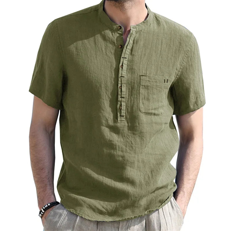 Men s Casual  Fit Short Sleeve Linen Henley Shirt Lightweight Breathable Solid Color Summer Tee Top with Round Neck
