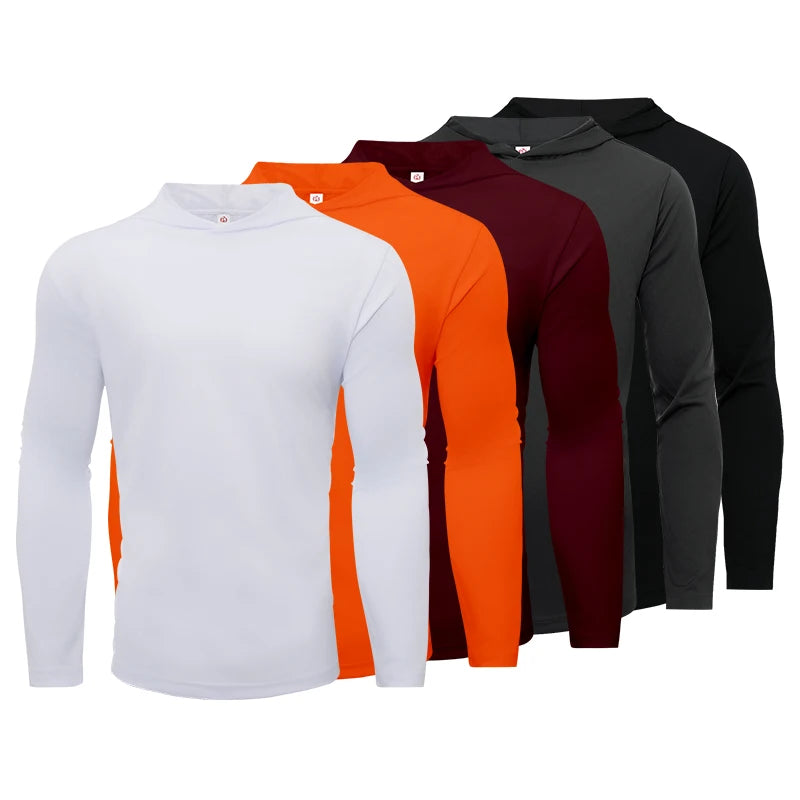 Men's five piece sports long sleeved T-shirt, hooded solid color breathable sports shirt, suitable for running and fitness