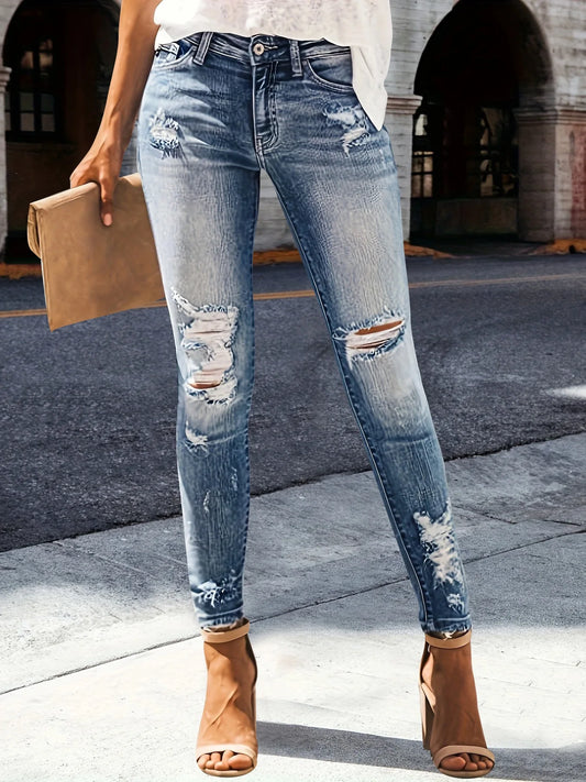 Women's High Waisted Ripped Tight Jeans - Casual Stretch Denim, Distressed Washed Blue, Slanted Pockets, Machine Washable, Suita