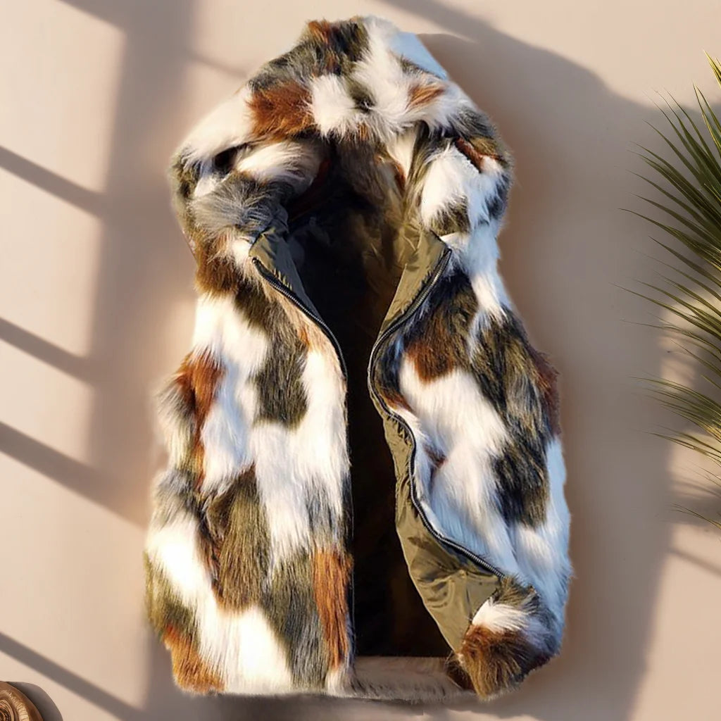 Men`s Luxury Faux Fur Hoodie Vest Long Coat Sleeveless Jacket Winter Fluffy Warm Outwear Plush Overcoat with Pockets With Hood