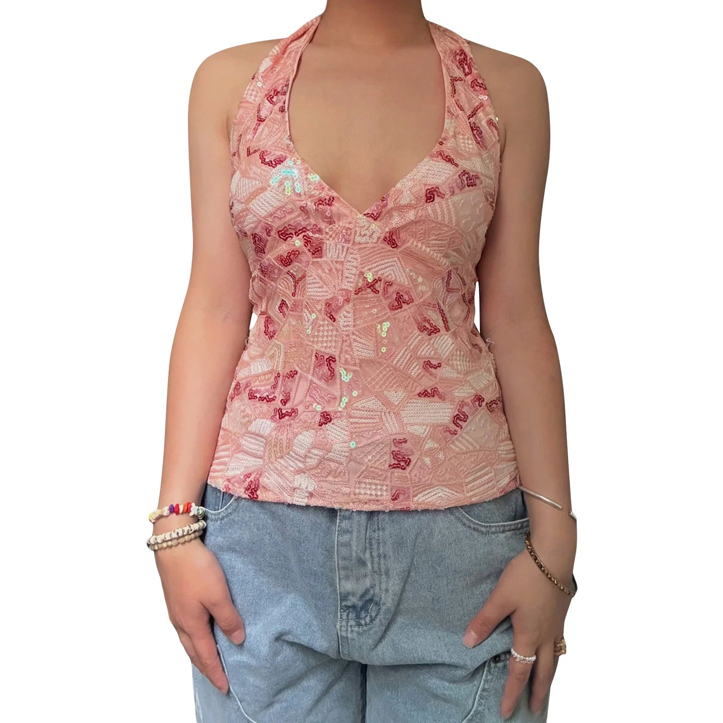 Elegant Sequined Halter Neck Top with V-Neck and Sleeveless Design Perfect for Summer Parties and Events Flattering  Fit