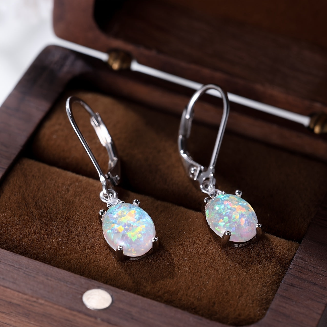 Pair of S925 Sterling Silver Dangle Earrings with Round-Cut Green Fire Opal - Vintage Boho Style, Rhodium Plated, 2.2g, Perfect for Daily Wear & Parties, Party Jewelry|Vintage Boho Style|Rhodium Plated Earrings