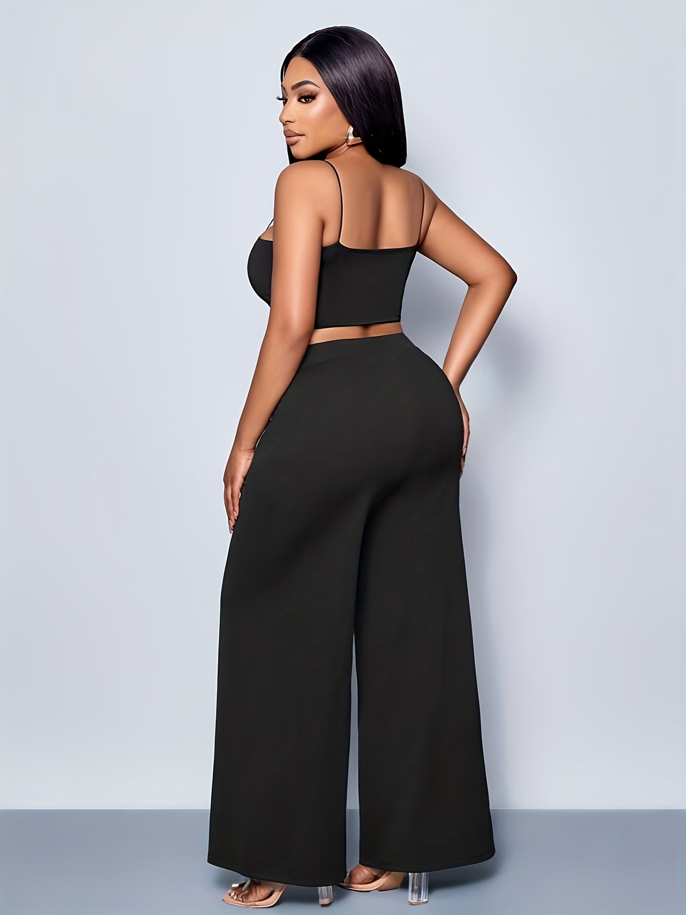 Plus Size, Plus Size Women's High-Waisted Wide-Leg Pants - Stretchy All-Season Trousers, Machine Washable Elegant Solid Color Black Casual to Formal Wear, High Waist Pants, Versatile Clothing, Highelastic Fabric