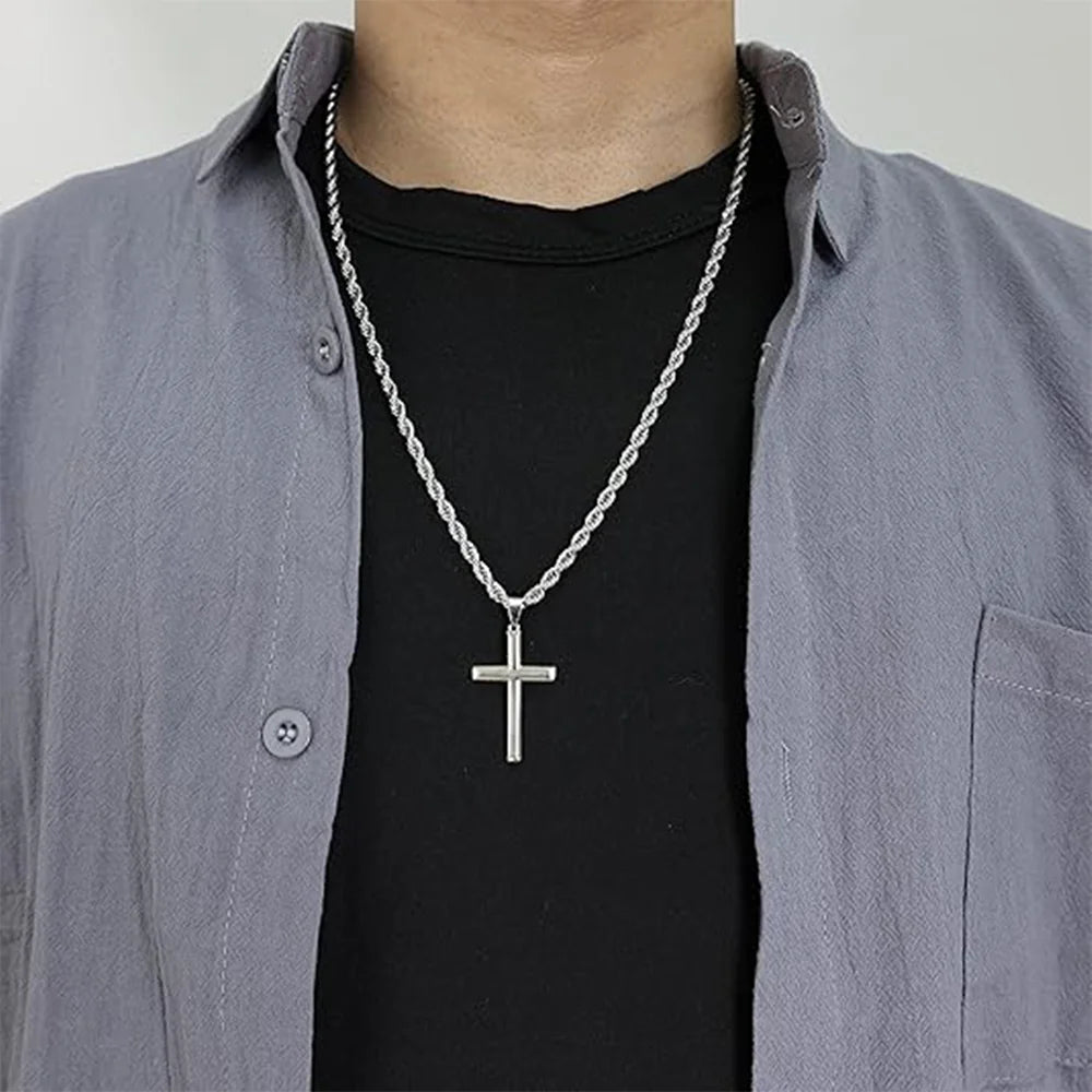 925 Sterling Silver Cross Necklace for Men with 3.5mm 925 sterling silver Twist Clasp Rope Chain   Cross Pendant Necklace