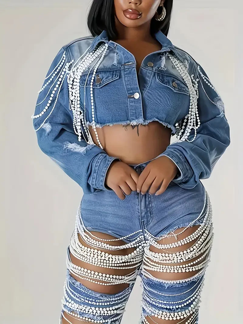 Women's Embroidered Denim Jacket with Pearl Chains, Handmade Beaded Casual Jacket Coat for Women Streetwear Spring/Summer Fashio