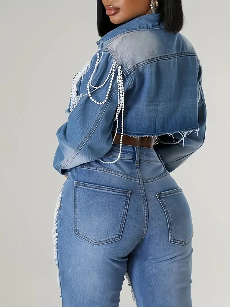 Women's Embroidered Denim Jacket with Pearl Chains, Handmade Beaded Casual Jacket Coat for Women Streetwear Spring/Summer Fashio