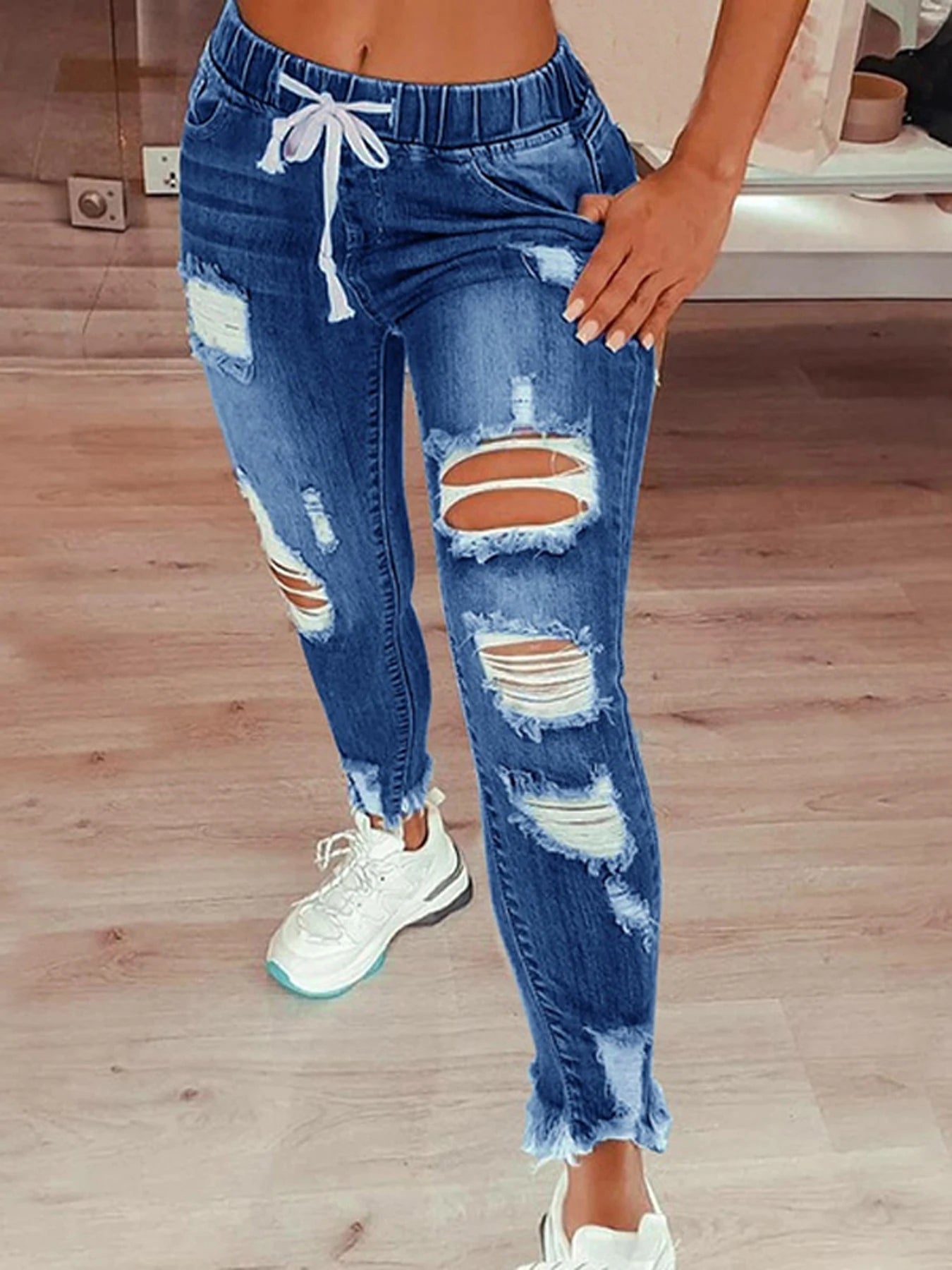 Women's Stretchy Ripped Skinny Jeans High Wasted Boyfriend Distressed Denim Pants Leggings