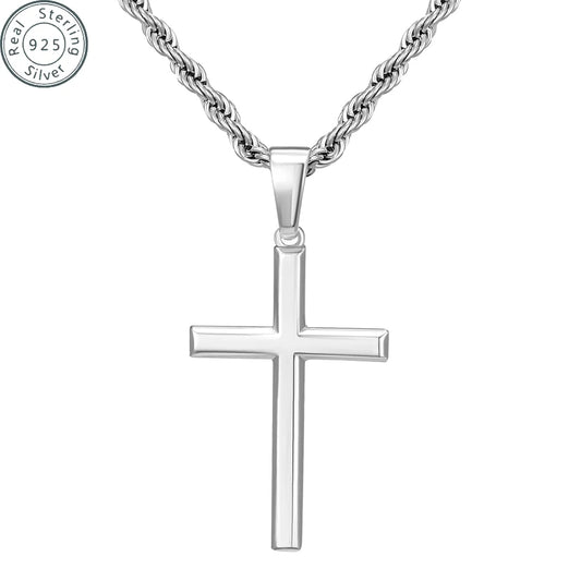 925 Sterling Silver Cross Necklace for Men with 3.5mm 925 sterling silver Twist Clasp Rope Chain   Cross Pendant Necklace