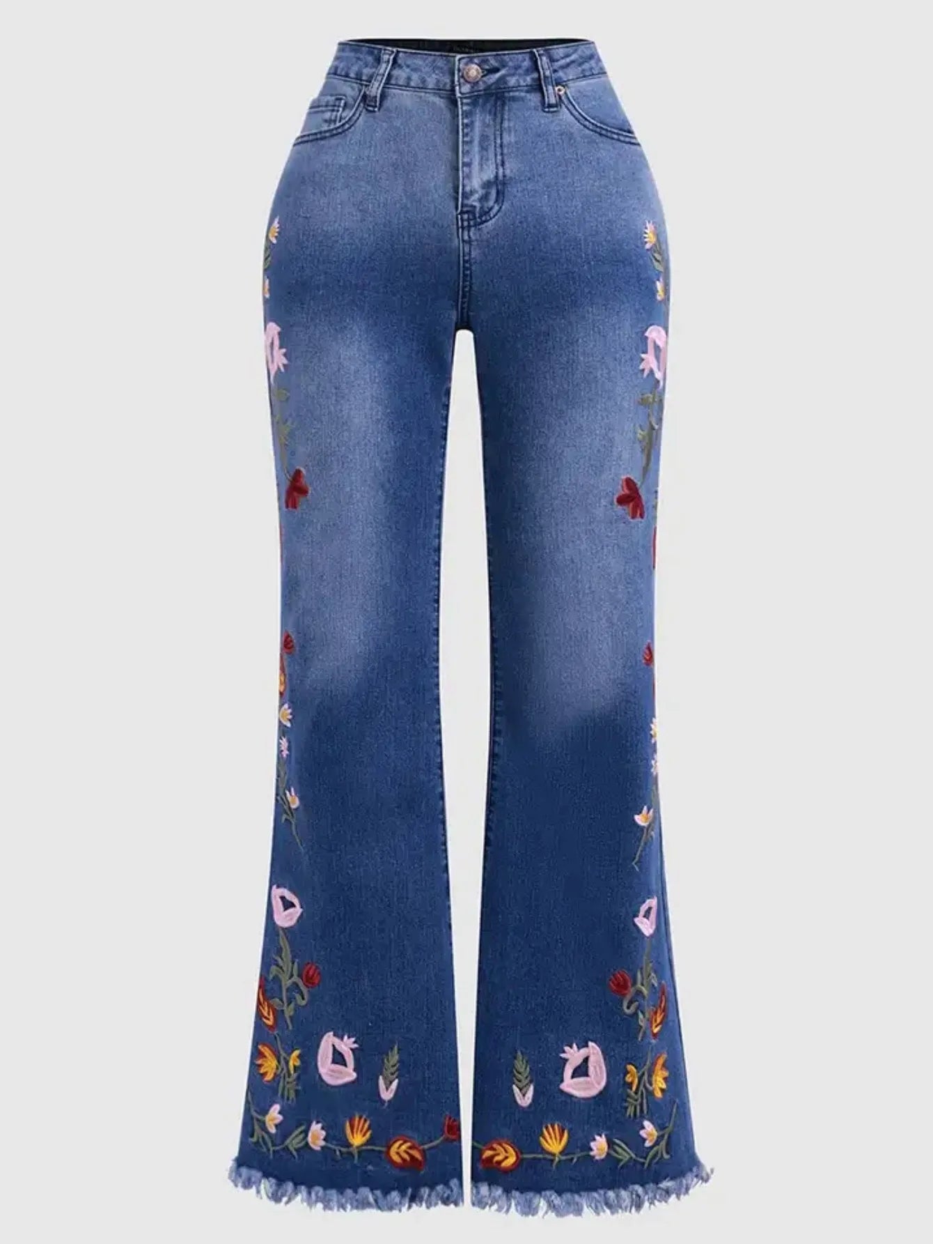 Women's High-Waisted Stretch Floral-Print Slim Fit Denim Flare Pants, with Raw-Edge Hem and Vintage Washed Denim Finish, Sui
