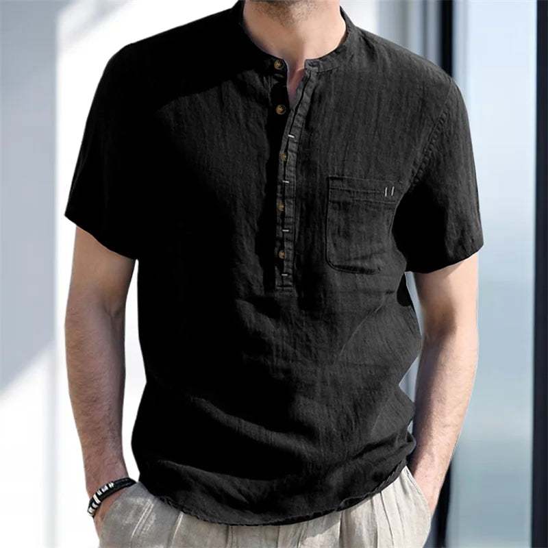 Men s Casual  Fit Short Sleeve Linen Henley Shirt Lightweight Breathable Solid Color Summer Tee Top with Round Neck
