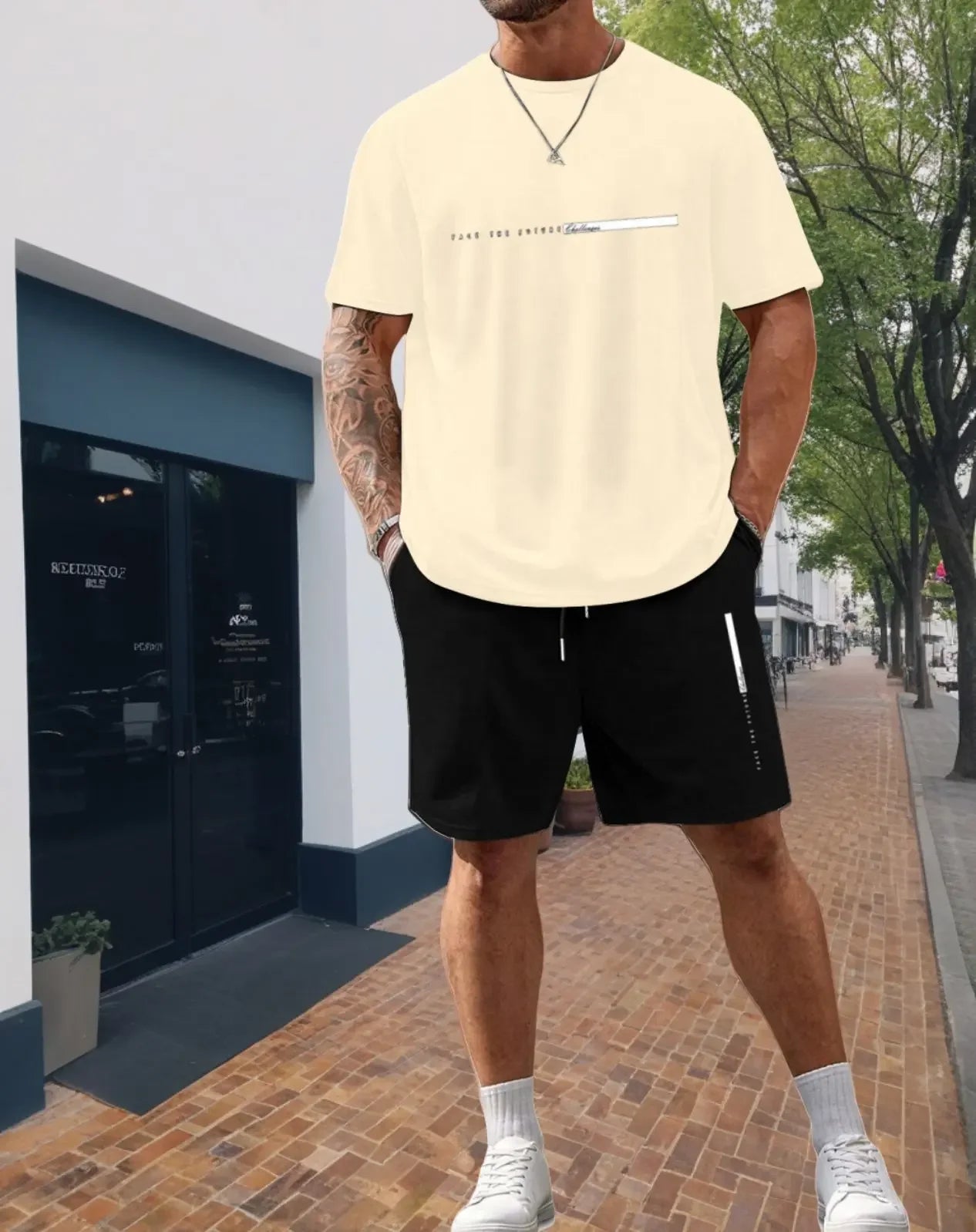 Men's 100 Cotton T-shirt Set Casual Oversized Set Paris Letter Printed Loose Round Neck Short Sleeved T-shirt+shorts Two-piece