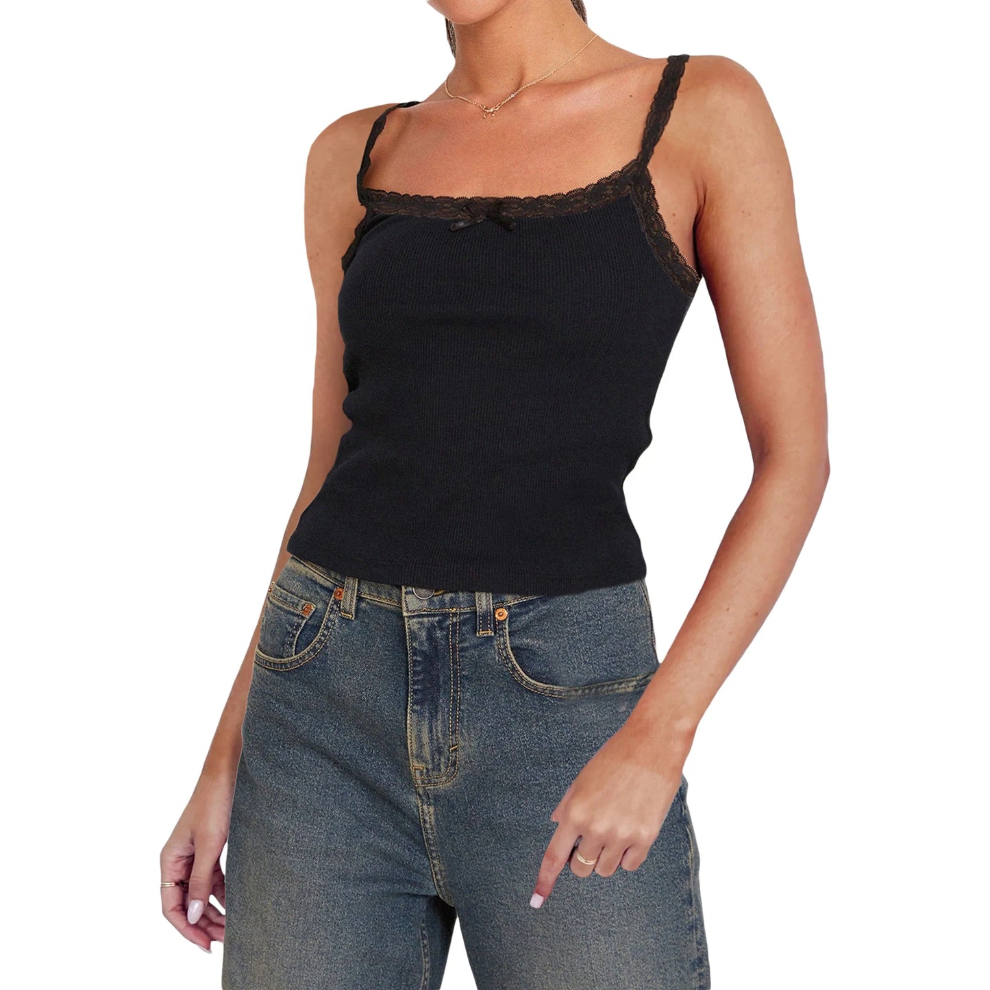 Women Summer Crop Camisole Casual Lace Trim Spaghetti Strap Tank Tops Sleeveless T-Shirt for Streetwear Clubwear