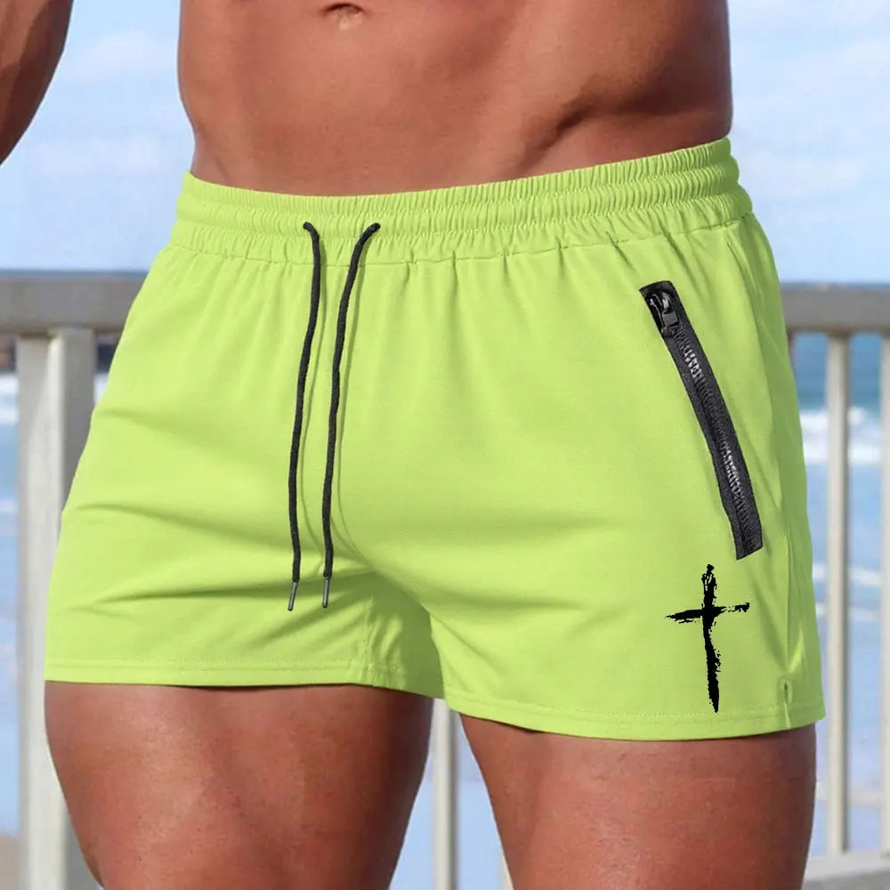 Men's Cross Print Beach Shorts Summer Quick Dry Side Double Zipper Pockets Design Running Basketball Training Gym Shorts