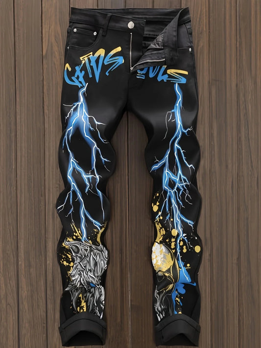 Men's patchwork color matching multi-tie micro-elastic black denim small straight jeans