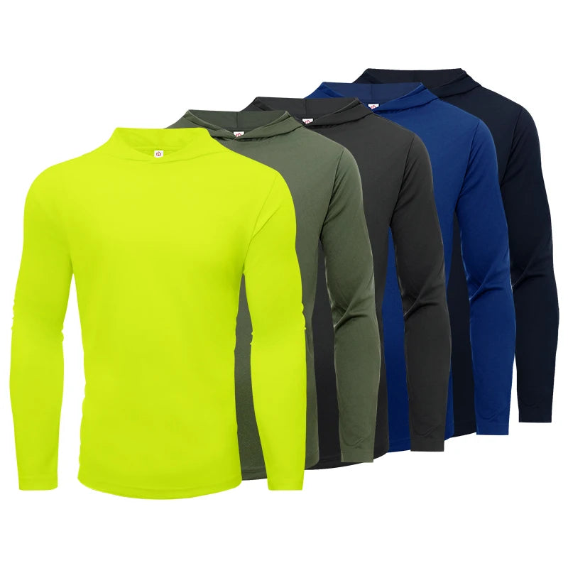Men's five piece sports long sleeved T-shirt, hooded solid color breathable sports shirt, suitable for running and fitness
