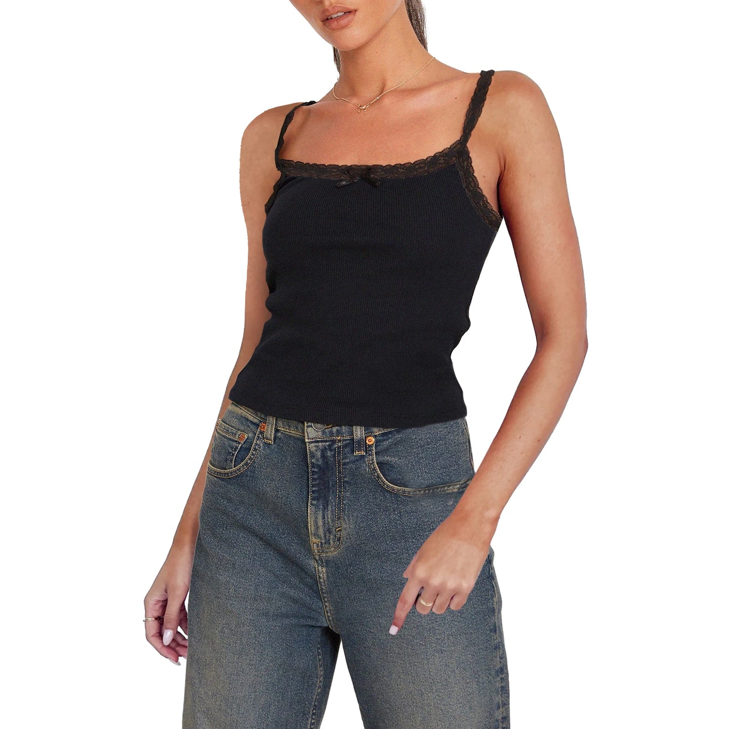 Women Summer Crop Camisole Casual Lace Trim Spaghetti Strap Tank Tops Sleeveless T-Shirt for Streetwear Clubwear