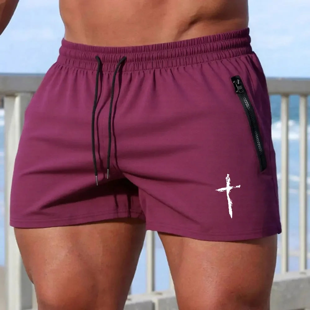 Men's Cross Print Beach Shorts Summer Quick Dry Side Double Zipper Pockets Design Running Basketball Training Gym Shorts