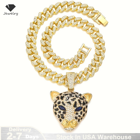 Leopard Necklace Zinc Alloy Diamond Leopard Head Pendant Personalized Luxury Cuban Chain Hip Hop Jewelry for Men and Women USA