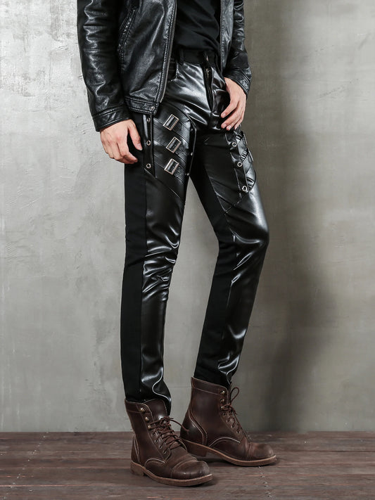 Men`s Motorcycle  Hip Hop Slim Fit Soft PU Faux Night Club Dance party Leather Biker Pants